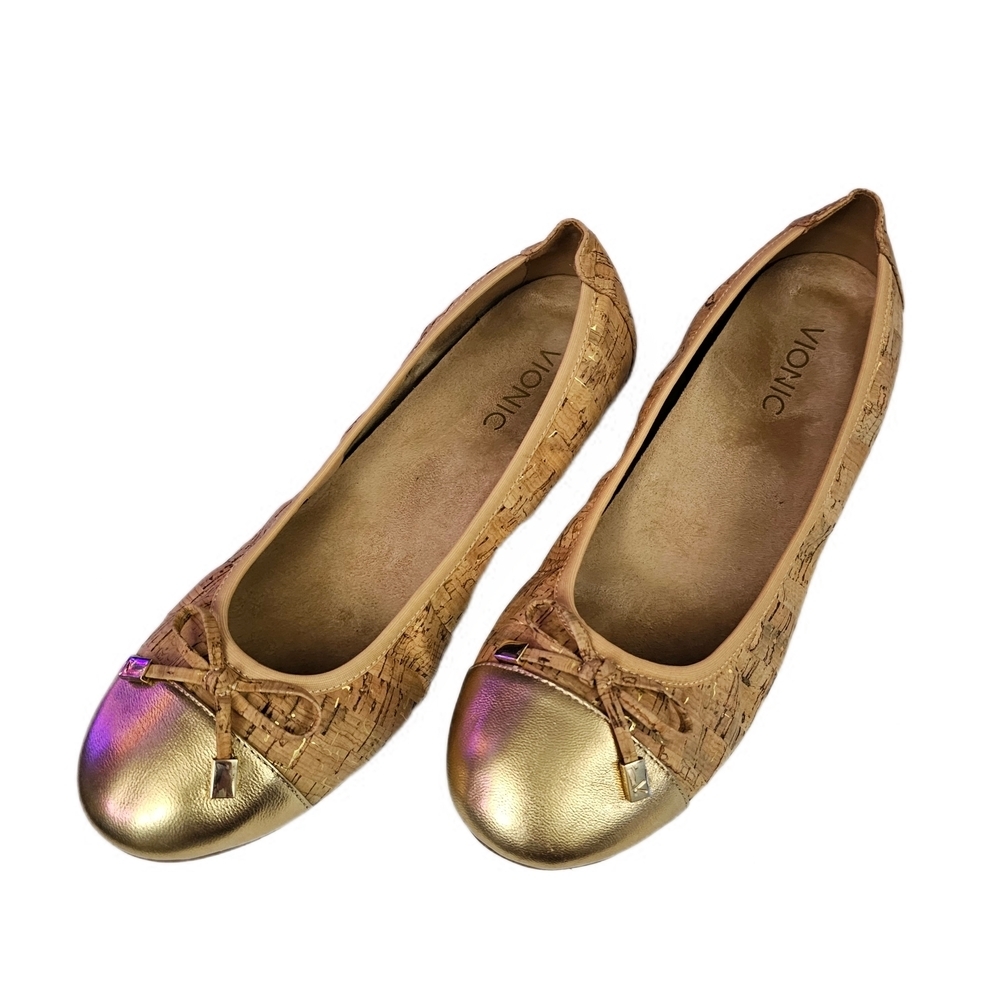 Vionic Minna Ballet Flat Natural Cork Upper Gold Metallic Toe Cap Bow